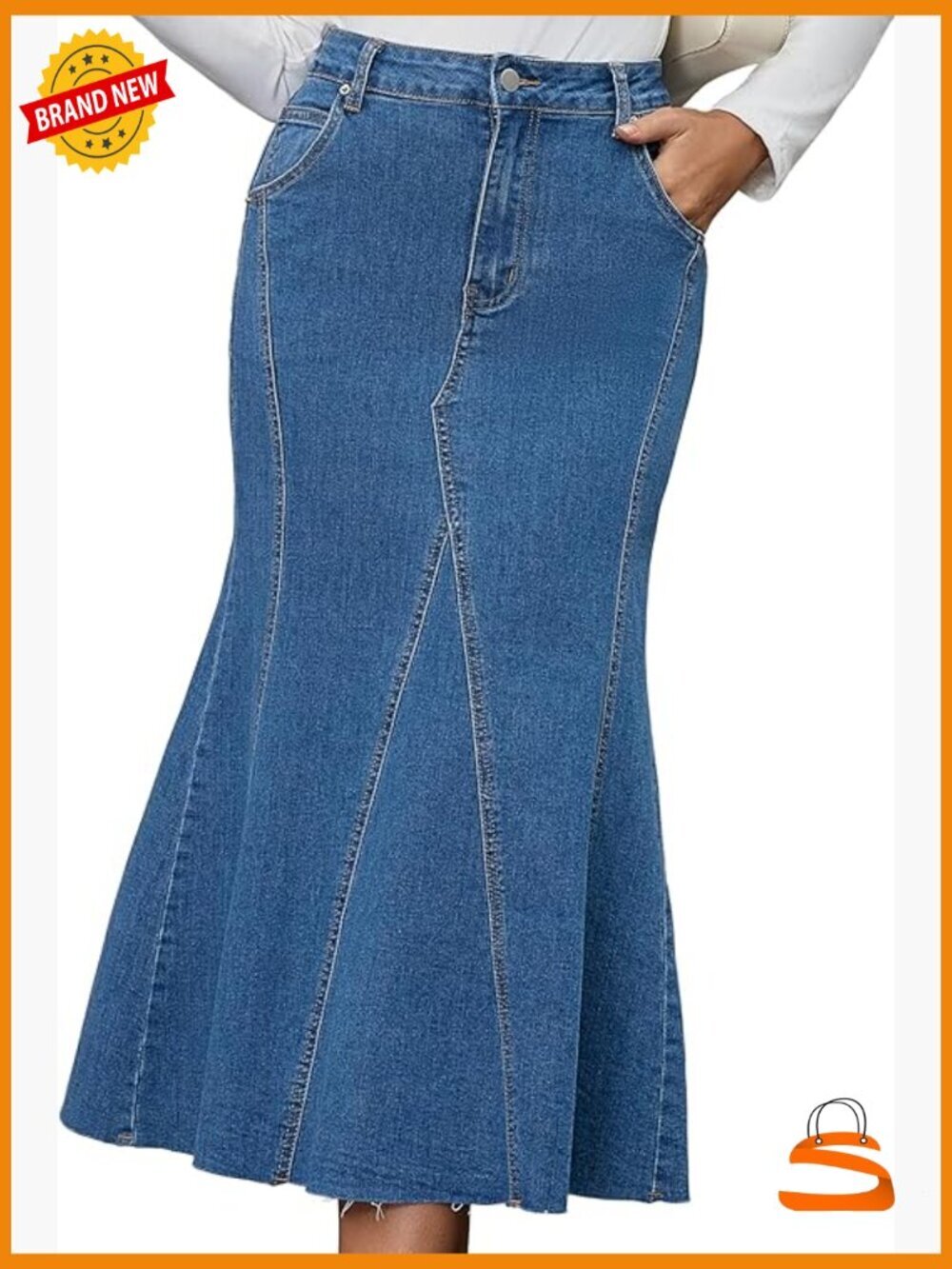 Fishtail Long Jean Skirt High Waisted Stretchy Fit and Flare Midi Denim Skirt